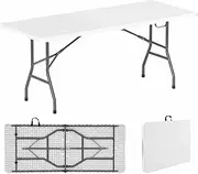 Costway 180cm Outdoor Portable Folding Table, 160kg Fold-in-Half Table w/HDPE Tabletop, Safe Lock Mechanism, Patio Folding Dining Table w/Carrying Handle for Party, Picnic, Camping (White)