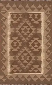 Geometric 3x4 Reversible Kilim Kelim Brown Rug Wool Hand-Woven Carpet