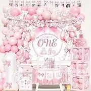 Pink Bow 1st Birthday Decorations, First Birthday Decorations for Girl, Pink Bow Theme Backdrop Balloon Banner Tablecloth Box Crown for Girls Coquette One Year Old Birthday Party Supplies