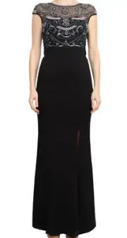 Aidan Mattox Beaded Illusion Stretch Crepe Slit Gown Size 14 Black NWT $440