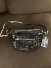 Steve Madden Maxima Sequin Crossbody Bag Fanny Pack Black Gold Chains