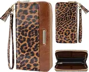 [COCO ROSSI] Wallets for Women PU Leather Card Holder Organizer Ladies Clutch with Tassel Wristlet Wrist strap, Brown Leopard, long purse, Casual