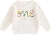 [Carolilly] Baby Gril One Year 1st Birthday Crew Neck Long Sleeve Winter Warm Knit Pullover Sweater