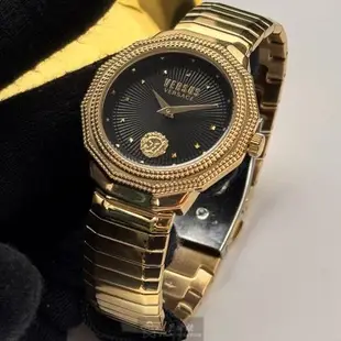 VERSUS VERSACE 凡賽斯男女通用錶 38mm 金色12邊形精鋼錶殼 黑色簡約, 中二針顯示錶面款 VV00384