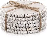 Honeydak 6 Pcs Beaded Wood Coasters Farmhouse Coasters Rustic Round Beaded 3. 94 Inches Boho Home Wood for Drinks Bar Coffee Table Top Home Kitchen Housewarming Decor(White)