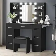 ALFORDSON Dressing Table Chair Set 132cm with LED Mirror, Black, Storage Shelves and Drawers, Makeup Vanity Desk with Flip-up Countertop