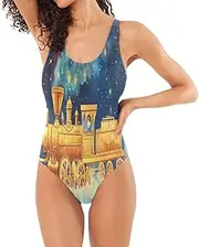 [Joisal] Peacock Feathers Green Women Swimsuits Low Back One Piece Swimsuit Women Tummy Control with Bra, Train Stars Yellow Blue, XX-Large