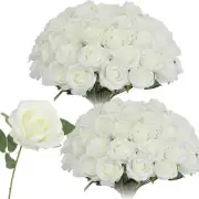 Artificial Roses Flowers Bulk Silk Rose with Stem, 52pcs Fake Roses White