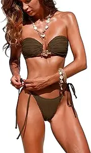 [ZAFUL] Women Bikini Sets Ribbed Textured Metal Two Piece Adjustable Tie Back Bandeau Bathing Suit Tie Side High Cut Swimsuit