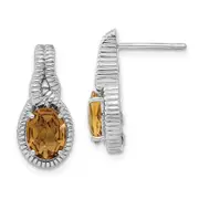 Sterling Silver Polished Oval Whiskey Quartz Post Dangle Earrings