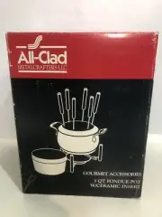 All Clad 3 Qt Fondue Pot Set New Ceramic Insert Heavy Gauge Steel 6 Forks