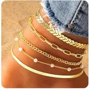 [Hebterrka] Pack of 5 Gold Ankle Bracelets Set for Women, Waterproof, 14K Gold Plated Anklets with Cuban Chain, Layering, Gift (Style 1)