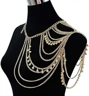 [Yomiie] Body Shoulder Chain Multilayered Sexy Gold Tassels Beads Link Harness Necklace Fashion Jewelry Belly Waist Bra Love Rocks Hot Bikini Beach Birthday Anniversary Festival Women Girls