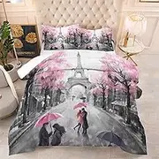 EDGZKO Paris Comforter Set King: Pink and Grey Eiffel Tower Bedding Sets King Size French Style Romantic for Girls Teens Women Bedroom Soft Quilt Bed Set 1 Comforter & 2 Pillowcases