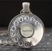Vintage Silver Rotary Telephone Dial Necklace Nostalgic MCM Era Phone Art Charm
