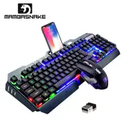 Black Wireless Gaming Set RGB Backlit Mechanical Feel Keyboard &2400DPI Mouse