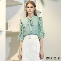 在飛比找momo購物網優惠-【mia mia】荷葉綁帶七分袖上衣