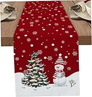 120 Inches Merry Christmas Table Runner Long Washable Burlap Linen Tabletop Collection for Dining Room Party Dinner Holidays Xmas Pine Tree Snowman Snowflake