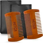 Wooden Beard Comb for Men - (Pack of 2) Handcrafted Solid Beechwood Beard, Mustache and Head Hair Pocket Comb with Leather Case - Dual Action Fine & Coarse Teeth