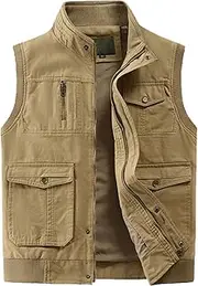 [QtthZZr] Men's Vest Cotton Casual Multi-Pocket Gilet Outdoor Fishing Hiking Vest Spring Autumn Sleeveless Stand Collar Jacket