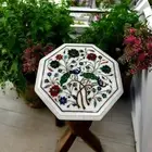 Octagon White Marble Table Top Precious Stone Peacock Design & Hallway Furniture