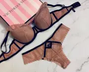 Victoria's Secret Luxe Lingerie Lurex Shine Fishnet Lace Push-up Bra Set Beige