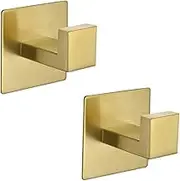 BATHSIR 2 Pack Self Adhesive Brushed Gold Towel Hooks, SUS 304 Stainless Steel Square Robe Hooks Bathroom Accessories, No Drilling