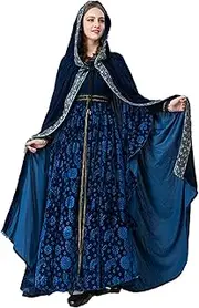 [Generic] Medieval Dress Women Long Sleeve Lace O Neck Retro Dress with Hooded Cloak Vintage Halloween Cosplay Costume