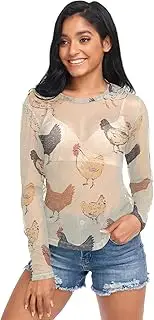 [RPLIFE] Chickens Yellow Womens Mesh Top, Sheer Sleeve Top S-XXL