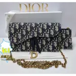 二手免運 DIOR 迪奧 WALLET ON CHAIN深藍色復古牛皮帆布馬鞍金色鍊帶長夾 S5614CTZQ_M92