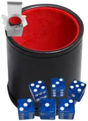 (6) 16mm Blue Transparent Dice + Black PU Leather Red Felt Lined Cup Sealed Box
