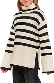 [Meikulo] Girls Striped Sweaters Kids Oversized Turtleneck Long Sleeve Pullover Knit Sweater Tops with Side Slit