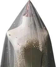 [HUFFA] 300cm Pearls Wedding Veil 1 Layer Long Bridal Cathedral Veil With Pearls Mantilla Tulle Crystal Bride Veil Hair Accessories(Ivory)