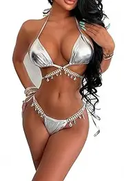 [Generic] Women's 2 Piece Metallic Silver Bikini Set Sexy Backless Jeweled Rhinestone Thong Swimsuit Festival Outfit