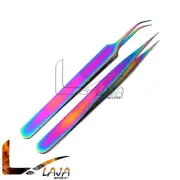 2 Pcs Rainbow Color 3D Eyelash Extension Tweezers A Type Angled + Straight Point