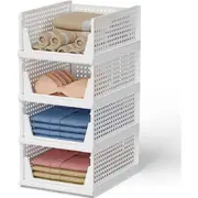 4 Pack Stackable Plastic Storage Basket, Closet Organizer Bin Foldable Clothes Wardrobe Organizer Storage Box Drawer Shelf Container