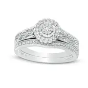 0.20 CT. T.W. Composite Natural Diamond Flower Frame Antique Vintage-Style Bridal Engagement Ring Set in Sterling Silver