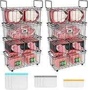 Blissify 8 Pack Chest Freezer Organiser with Freezer Bags, Freezer Organizer Bins with Foldable Handle, Stackable Metal Deep Freezer Baskets Sort Frozen Meats & Food with Better Space Utilization