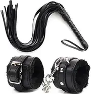 Fluffy Handcuffs With Whip Flogger Bondage Kit BDSM Restraint Cuffs Chain Fetish Couples PU Flax Leather Adult Sex Toy (Black)
