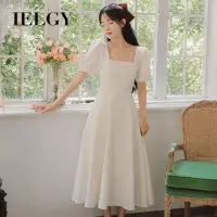 在飛比找蝦皮商城優惠-IELGY 赫本風方領洋裝女法式氣質泡泡袖白裙森系顯瘦