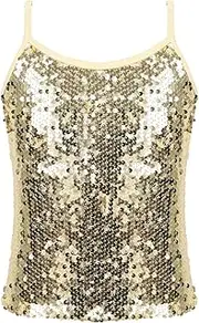 [Aislor] Kids Girls Shiny Sequins Dance Top Shirt Yoga Sports Workout Spaghetti Shoulder Straps Tank Tops Tees
