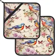 2 Pack Pot Holders for Kitchen Heat Resistant Potholders Birds on Branches and Butterflies Pot Holders Set Washable Hot Pads with Loop Non Slip Potholders for Cooking Baking BBQ Microwave 8 x 8 Inch