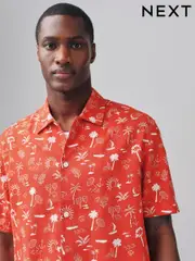Red Palm Tree Conversational Printed Short Sleeve Shirt (AU9810) | $55