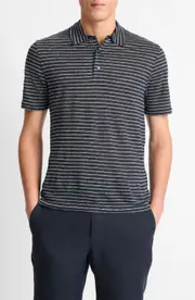 Vince Stripe Linen Polo in Coastal/Optic White at Nordstrom, Size Medium