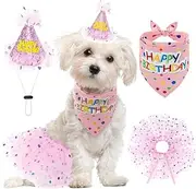 Dog Birthday Bandana with Hat and Dress Set, Puppy Birthday Party Supplies, Cute Pink Tutu Skirt Outfit for Small Medium Large Dogs (Pink, One Size)