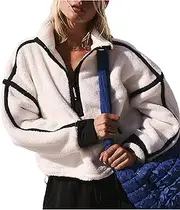 [Fhniepan] Women's Oversized Fleece Sweatshirt Long Sleeve Half Zip Sherpa Hoodie Fleece Pullover Top With Pockets