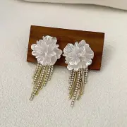 White Camellia Tassel Chain Earrings For Women Retro Style Flower Earrings