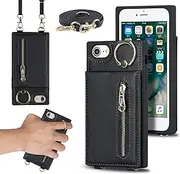 Cavor Vertical Flip Cover for iPhone SE 2020/ SE 2022 Case for iPhone 7/ iPhone 8 Case (4.7") Leather Wallet Card Slots with 360°Rotation Ring Holder Kickstand & Long Shoulder Lanyard Strap-Black