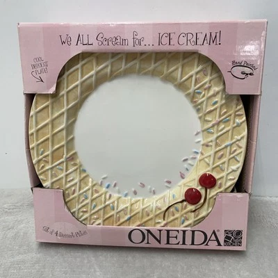 Oneida Ice Cream Waffle Cone Dessert Plate 8" Set of 4 Hand Painted New in Box