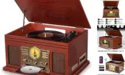 Bluetooth Record Player 10 in 1, 3-Speed Turntable for Vinyl with Mahogany